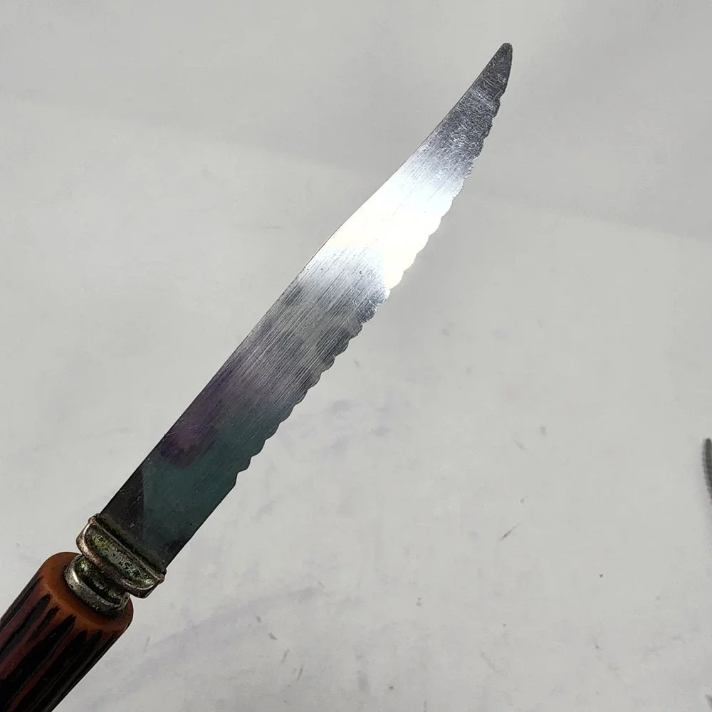 6 Regent Sheffield Steak Knives Stainless Bakelite Faux‎ Antler Handle VTG Block